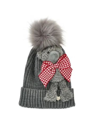 Monnalisa Pom-pom Teddy-bear Beanie Hat In Gray