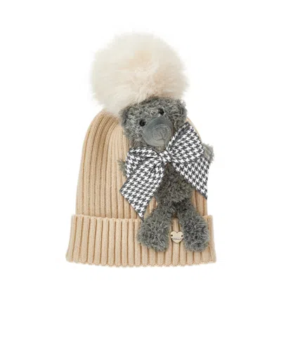 Monnalisa Pom-pom Teddy-bear Beanie Hat In Nude