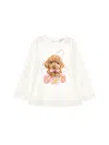 Monnalisa Poodle And Anemone Print Cotton T-shirt In Cream
