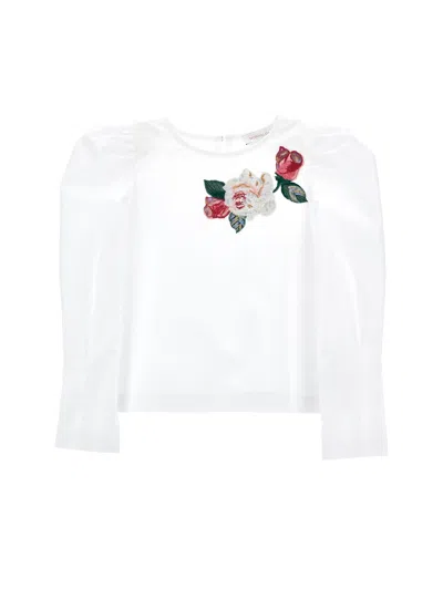Monnalisa Kids'   Poplin Blouse With Embroidered Roses In Cream