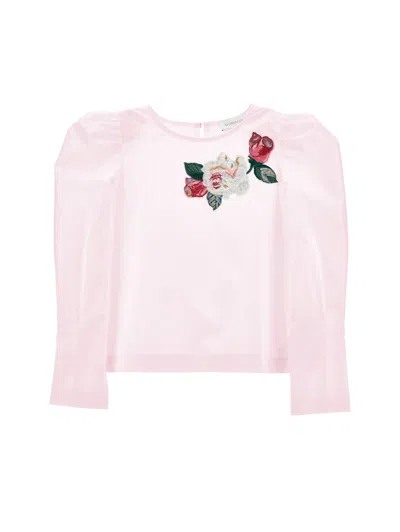 Monnalisa Kids'   Poplin Blouse With Embroidered Roses In Onion Couture