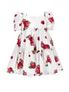 Monnalisa Poplin Dress With Strawberry And Polka Dot Print In White + Red