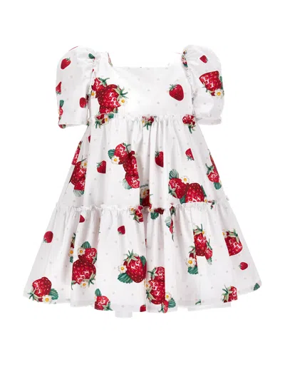 Monnalisa Kids'   Poplin Dress With Strawberry And Polka Dot Print In White + Red