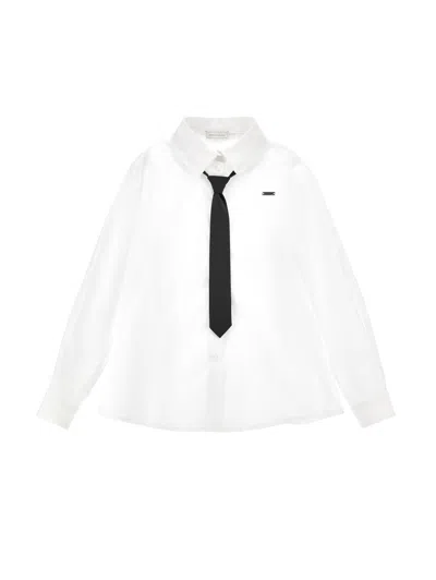 Monnalisa Kids'   Poplin Shirt With Tie In Cream + Black