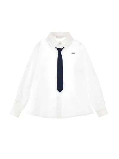 Monnalisa Kids'   Poplin Shirt With Tie In Cream + Navy Blue