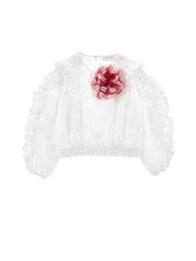 Monnalisa Kids'   Poplin Top With Maxi Rose In Cream