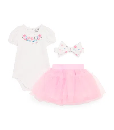 Monnalisa Kids'  Printed Bodysuit, Skirt And Headband Set In Pink