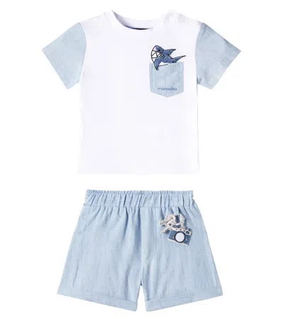 Monnalisa Printed Cotton T-shirt And Leggings Set In Bianco+nuvola