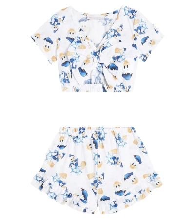 Monnalisa Kids' Printed Cotton Top And Shorts Set In Bianco+bluette