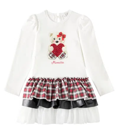 Monnalisa Kids' Printed Embellished Cotton-blend Jersey Dress In Weiss