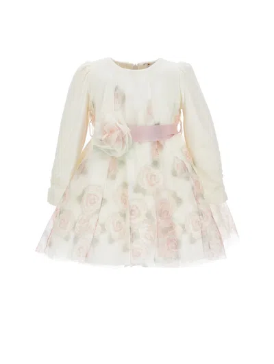 Monnalisa Kids'   Printed Tulle Dress In Cream + Pink