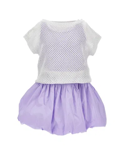 Monnalisa Kids'   Puffball Dress With Mesh Top In Wisteria + Cream