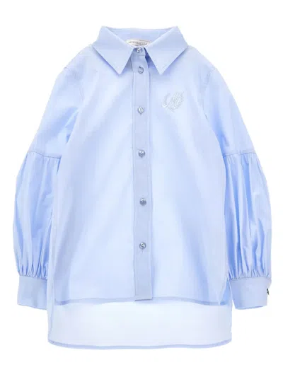 Monnalisa Kids' Puff-sleeve Button-up Shirt In Blue