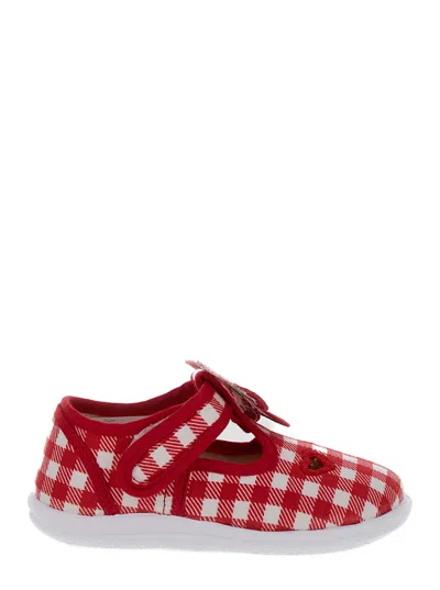 Monnalisa Kids' Red And White Shoes With Check Motif And Heart Cut-out In Stretch Cotton Baby