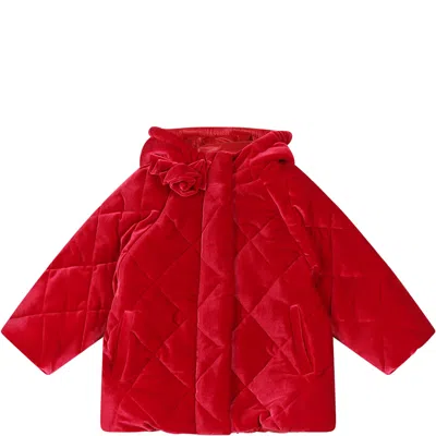 Monnalisa Red Down Jacket For Baby Girl With Rose