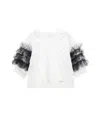 Monnalisa Rhinestone And Tulle Jersey Top In Cream + Black