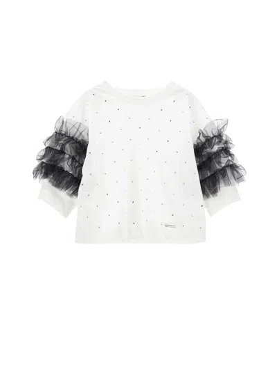 Monnalisa Kids'   Rhinestone And Tulle Jersey Top In Cream + Black