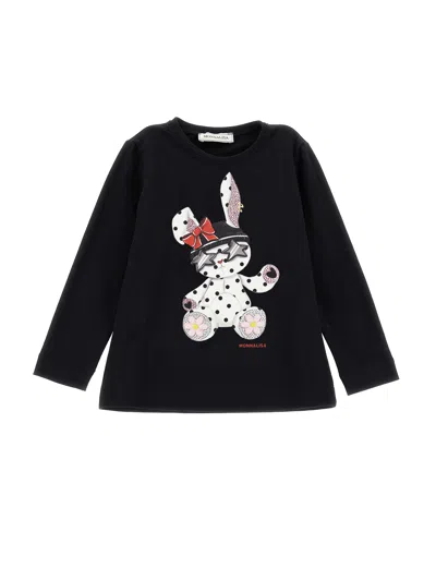 Monnalisa Kids'   Rhinestone Bunny T-shirt In Black