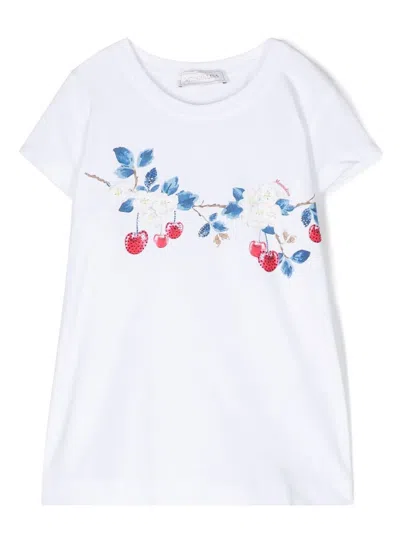 Monnalisa Cherry Print Cotton T-shirt In White
