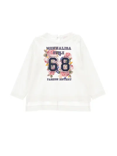 Monnalisa Kids'   Rhinestone Cotton Maxi T-shirt With Slits In Cream