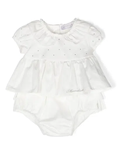 Monnalisa White Romper With Peter Pan Collar And Rhinestone In Cotton Baby