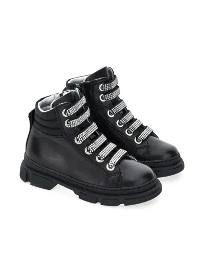 Monnalisa Kids' Rhinestone-embellished Lace Boots In Black