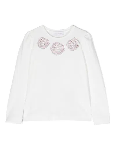 Monnalisa Kids' Rhinestone-embellished Long-sleeve Top In White