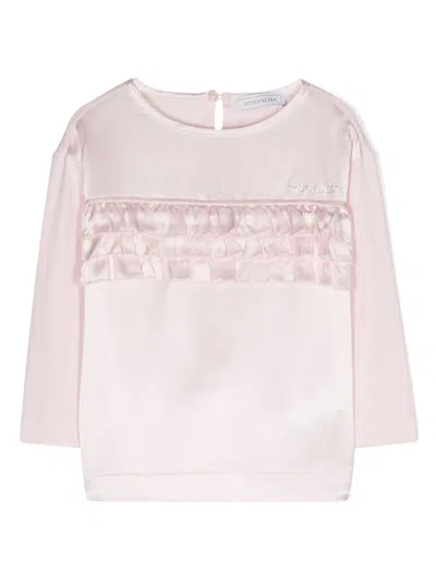 Monnalisa Kids' Rhinestone-embellished Ruffled-detail T-shirt In 粉色