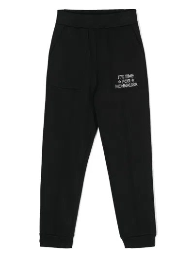 Monnalisa Kids' Rhinestone-embellished Track Pants In 黑色