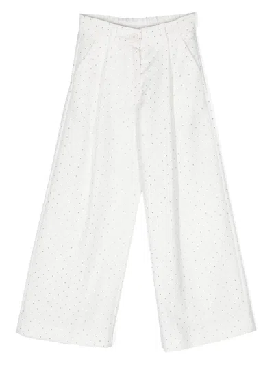 Monnalisa Kids' Rhinestone-embellished Wide-leg Trousers In White