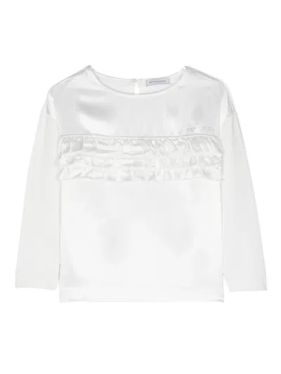 Monnalisa Kids' Rhinestone-logo Ruffled Blouse In 白色