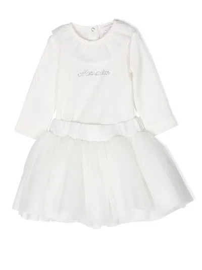 Monnalisa Babies' Rhinestone-logo Ruffled Dress In White