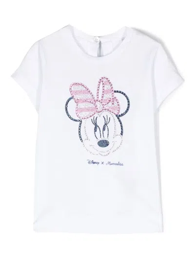 Monnalisa Babies' Rhinestone Minnie-mouse Print T-shirt In White