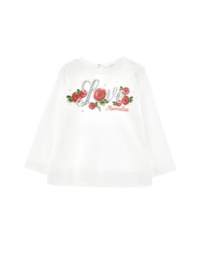Monnalisa Kids'   Rhinestone Rose Print Jersey T-shirt In Cream