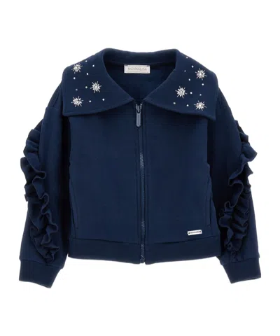 Monnalisa Rhinestone Ruffled Zipped Cardigan In Black