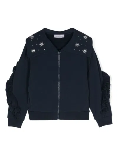 Monnalisa Kids' Rhinestone Ruffled Zipped Cardigan In Blue