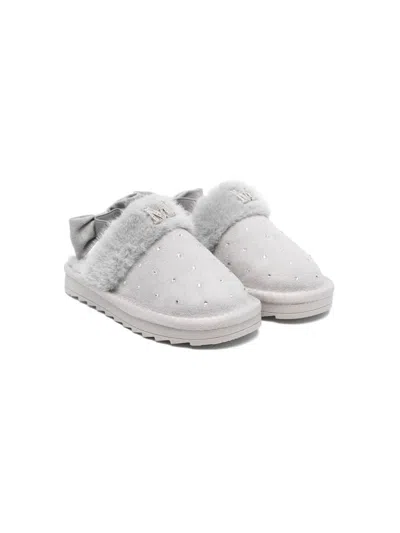 Monnalisa Kids' Rhinestone Suede Slippers In Grey