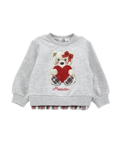 Monnalisa Kids'   Rhinestone Teddy Bear Sweatshirt In Pearl Grey