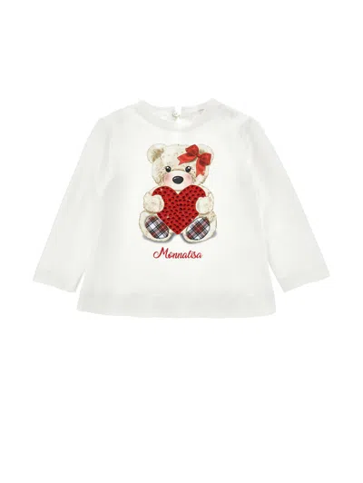Monnalisa Kids'   Rhinestone Teddy Bear T-shirt In Cream
