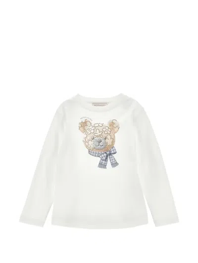 Monnalisa Kids' Rhinestone-embellished Bear-print T-shirt In White
