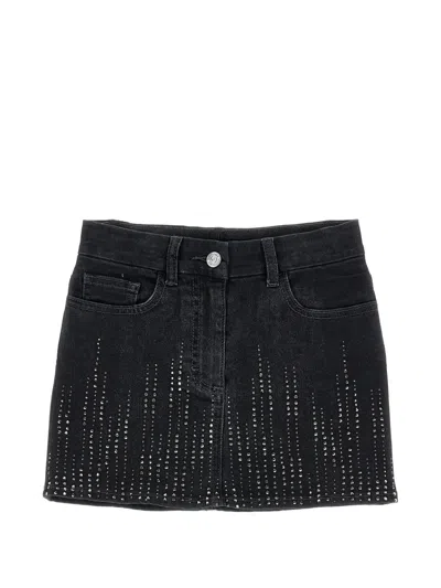 Monnalisa Kids' Rhinestone-embellished Denim Skirt In Black