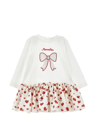 Monnalisa Babies' Rhinestone-embellished Heart-print Dress In White