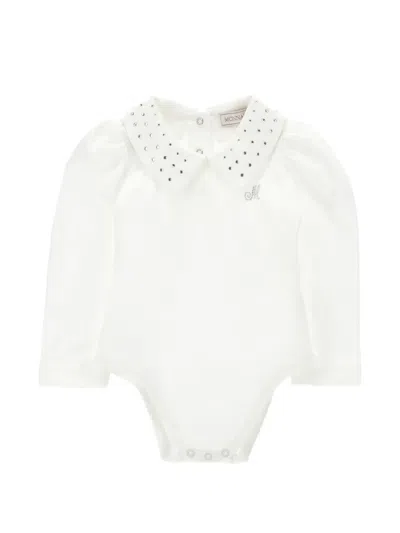 Monnalisa Babies' Rhinestone-embellished Peter Pan-collar Bodysuit In White