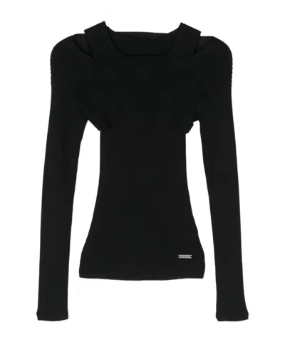 Monnalisa Kids' Ribbed-knit Cold-shoulder Top In Black