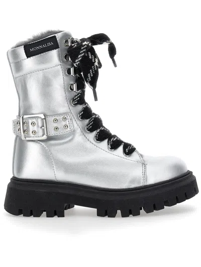Monnalisa Kids'   Rock Sheepskin-lined Leather Combat Boots In Silver