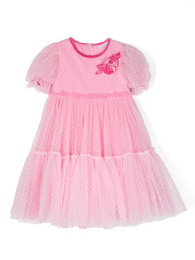 Monnalisa Kids' Rose-appliqué Tulle Dress In Pink