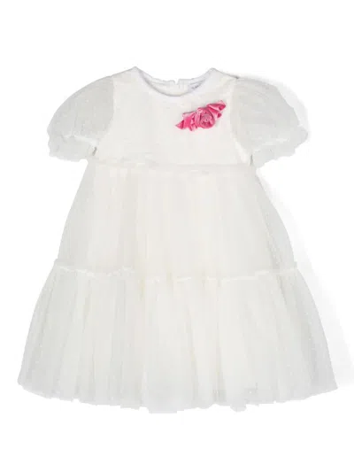 Monnalisa Kids' Rose-appliqué Tulle Dress In White