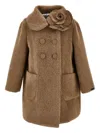 Monnalisa Double-breasted Flower Coat In Brown