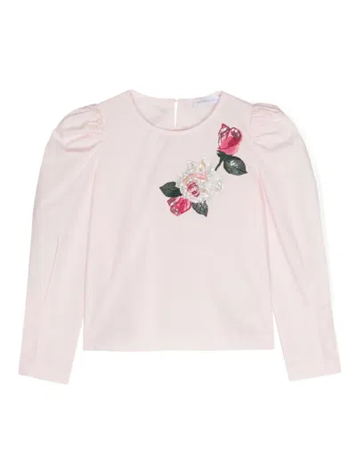 Monnalisa Kids' Rose-embroidered Cotton Blouse In Pink