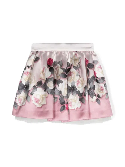 Monnalisa Kids' Rose-print Pleated Skirt In 粉色